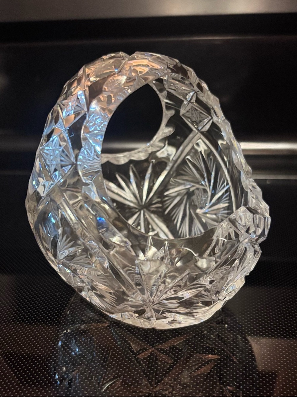 Vintage Leaded Cut‑Glass Crystal Basket – Starburst Pattern Sawtooth Rim